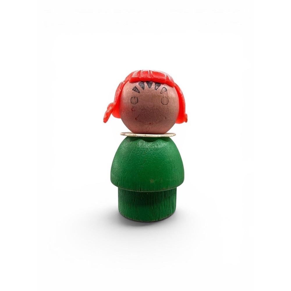 Vintage Fisher‎ Price LIttle People All Wood Green Girl Red Hair Pigtails